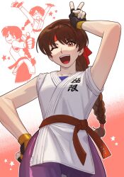  00a3af_231 1girl braid brown_eyes brown_hair clothes_writing dougi fingerless_gloves gloves headband highres looking_at_viewer open_mouth red_headband ryuuko_no_ken single_braid smile solo v yuri_sakazaki 