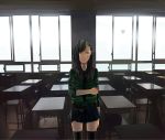  1girl artist_request black_hair blood blood_on_face desk green_eyes highres injury long_hair school_desk school_uniform serafuku skirt solo thigh-highs window zettai_ryouiki 