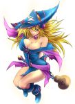  1girl adjusting_clothes adjusting_hat bare_shoulders blonde_hair blue_boots blush_stickers boots bracer breasts choker cleavage commentary_request dark_magician_girl duel_monster fingerless_gloves gloves green_eyes hat large_breasts long_hair looking_at_viewer pentacle smile solo staff thighs white_background wizard_hat yamaneko yuu-gi-ou 