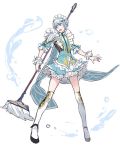  1boy apron crossdressinging maid_headdress male_focus mikleo_(tales) mop open_mouth p-nekor silver_hair solo tales_of_(series) tales_of_zestiria thigh-highs violet_eyes 