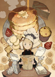  1girl apron blonde_hair chef_hat closed_mouth cookie creature demizu_posuka egg egg_carton flour food food_focus fruit hat highres milk_carton muffin original pancake pancake_stack plate smile strawberry syrup white_apron yellow_eyes 