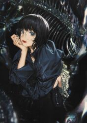  1girl absurdres black_boots black_hair black_jacket blue_eyes boots commentary full_body glasses green_skirt hand_on_own_chin head_rest highres jacket leather leather_jacket lips lipstick long_sleeves looking_at_viewer makeup original plaid_clothes plaid_skirt red_lips round_eyewear shoelaces short_hair skeleton skirt smile solo squatting symbol-only_commentary wang-xi 