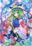  1girl arm_ribbon asymmetrical_hair blue_eyes flower green_hair hat hat_ribbon juliet_sleeves light_smile long_sleeves looking_at_viewer mosho puffy_sleeves ribbon rod_of_remorse shiki_eiki shirt skirt solo touhou traditional_media uniform vest watercolor_(medium) watercolor_pencil_(medium) 