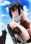  1girl black_eyes black_hair blue_sky cat commentary_request hair_ornament highres kantai_collection kikyou_(kiss-shot) scarf school_uniform sendai_(kantai_collection) serafuku sky solo squatting triangle_mouth two_side_up 