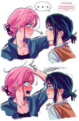  2girls absurdres alien_stage aqua_jacket arrow_(symbol) black_hair black_shirt blush brown_sweater_vest claw_hair_clip commentary english_commentary english_text highres jacket kabedon koaen0024 looking_at_another mizi_(alien_stage) multiple_girls official_alternate_costume open_mouth pink_hair request_inset shirt strawpage sua_(alien_stage) sweater_vest violet_eyes white_shirt yellow_eyes yuri 