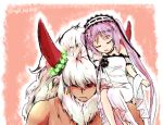  1boy 1girl asterios_(fate/grand_order) black_sclera carrying dress euryale fate/grand_order fate_(series) headdress horns long_hair one_eye_closed purple_hair red_eyes shoulder_carry size_difference smile topless twintails white_hair wreath yorutori 