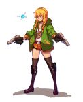  1girl blonde_hair blue_eyes braid dual_wielding fairy gloves grin gun jacket linkle liyart pointy_ears smile solo the_legend_of_zelda twin_braids weapon zelda_musou 