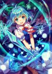  1girl :d ahoge blue blue_dress blue_eyes blue_hair cirno crystal_sword dress dutch_angle fairy happy holding_sword holding_weapon ice ice_wings magic mirror_(xilu4) open_mouth puffy_short_sleeves puffy_sleeves ribbon short_hair short_sleeves smile snowflakes solo sparkle sword touhou weapon wings 
