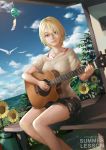 1girl acoustic_guitar bird blonde_hair clouds dutch_angle english flower grey_eyes guitar hengct instrument looking_at_viewer ocean original playing_instrument seagull short_hair shorts sitting sky solo summer sunflower table wind_chime 