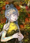  1girl alternate_costume animal_robot autumn bangs bell bird closed_eyes detached_sleeves grey_hair hair_ornament hair_rings hair_tubes headphones leaf long_hair luo_tianyi mechanical open_mouth shade shin@_oshigoto_boshū singing solo upper_body vocaloid 