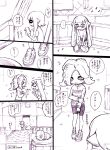  2girls bike_shorts cellphone comic domino_mask fangs highres inkling jajji-kun_(splatoon) long_hair mask monochrome multiple_girls musical_note octarian open_mouth phone pillow pointy_ears shoes sneakers splatoon takozonesu tentacle_hair traditional_media translation_request yoshida_inuhito 