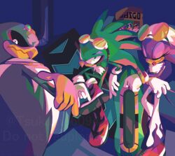 1girl 2boys beak bird_boy bird_girl closed_eyes eyelashes furry furry_female furry_male goggles goggles_on_head green_eyes green_fur headband hoverboard jet_the_hawk looking_at_viewer multiple_boys purple_fur smile sonic_(series) sonic_riders sonic_riders_(series) storm_the_albatross tsukumo6094 wanted_poster wave_the_swallow white_fur white_headband