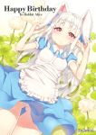  1girl alice_in_wonderland animal_ears apron ass_visible_through_thighs blue_dress blush clover crying dress dungeon_and_fighter four-leaf_clover happy_birthday jewriel long_hair looking_at_viewer panties pantyshot pointy_ears rabbit_ears red_eyes solo tears thigh_gap underwear white_hair 