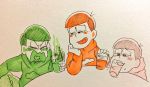  3boys blush blush_stickers brothers choromatsu cup drinking drunk heart heart_in_mouth hoodie male_focus marker_(medium) multiple_boys nnbn osomatsu-kun osomatsu-san osomatsu_(osomatsu-kun) siblings sitting todomatsu traditional_media upper_body wavy_mouth 