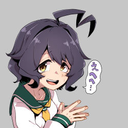  1girl grey_background highres hiiragi_utena looking_at_viewer mahou_shoujo_ni_akogarete medium_hair mengnaidu own_hands_together purple_hair school_uniform solo speech_bubble translation_request yellow_eyes 