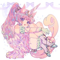  1girl :3 :d animal_ear_fluff animal_ears bare_shoulders blush_stickers boots commentary_request dress full_body gloves green_gloves highres knees_up lace-up_boots long_hair looking_at_viewer notamaru_2 open_mouth original pink_dress pink_hair ponytail shorts sitting sleeveless sleeveless_dress smile solo star-shaped_pupils star_(symbol) symbol-shaped_pupils tail unicorn_girl unicorn_horn violet_eyes watermark white_background white_boots white_shorts 