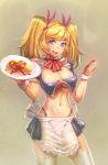  1girl apron blonde_hair blue_eyes bow_(bhp) breasts cleavage food highres ketchup large_breasts long_hair maid omurice original panties plate see-through solo twintails under_boob underwear waist_apron wrist_cuffs 