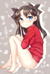 1girl artist_name bare_legs barefoot black_hair blue_eyes blush bottomless bottomless_female breasts crying fate/stay_night fate_(series) feet from_side heart highres jewriel legs long_hair looking_back no_panties solo sweater tears thighs toosaka_rin two_side_up type-moon younger