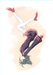  1girl absurdres belt black_coat black_order_uniform bob_cut coat d.gray-man fingerless_gloves floating floating_hair flying gloves green_eyes green_hair hair_between_eyes high_heels highres legs lenalee_lee looking_at_viewer military military_uniform miniskirt pink_skirt pleated_skirt red_gloves red_shoes red_stripes rulne shoes short_hair sidelocks skirt solo striped_coat thigh-highs thighs two-tone_background upside-down vertical-striped_coat white_background white_thighhighs yellow_background zettai_ryouiki 