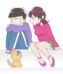  1boy 1girl black_hair blush brown_hair cat esper_nyanko glasses hair_ribbon hairband hetero hoodie ichimatsu leg_hug looking_away messy_hair osomatsu-kun osomatsu-san pants ribbon short_twintails single_vertical_stripe sitting skirt smile sweat totoko_(osomatsu-kun) track_pants turtleneck twintails 