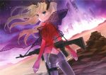  1girl absurdres alternate_hair_color ass blonde_hair blue_eyes bow butt_crack city fate/extra fate_(series) fingerless_gloves gloves gun hair_ribbon highres official_art pants ribbon scan scenery solo tight tight_pants toosaka_rin twintails wada_aruko weapon 