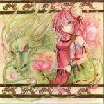  1girl arched_back artist_name bandaged_arm blouse border chain colored_pencil_(medium) cuffs dated double_bun dragon eastern_dragon floral_background flower ibaraki_kasen looking_at_viewer missing_limb mosho petals pink_eyes pink_hair pink_rose puffy_short_sleeves puffy_sleeves red_eyes rose rose_petals shackles short_hair short_sleeves skirt slit_pupils small_breasts smile solo tabard touhou traditional_media watercolor_(medium) watercolor_pencil_(medium) 