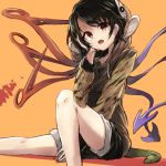  1girl alternate_costume asymmetrical_wings black_hair contemporary hand_in_hair hisona_(suaritesumi) hoodie houjuu_nue long_sleeves open_mouth red_eyes shorts sitting snake solo touhou wings 