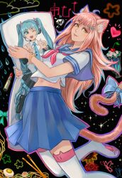  1girl ahoge animal_ear_piercing animal_ears blue_sailor_collar blue_skirt bookari_shop boots bow bracelet breasts cat_ear_footwear cat_ears cat_girl cat_tail chopsticks commentary_request cosmetics dakimakura_(object) diamond_(gemstone) food hardboiled_egg hatsune_miku holding holding_pillow ice_cream jewelry lipstick_tube long_hair miniskirt musical_note navel paw_shoes pillow pink_hair pleated_skirt pointy_ears russian_commentary sailor_collar school_uniform serafuku skirt small_breasts solo star_(symbol) sundae tail tail_bow tail_ornament tail_under_clothes thigh_boots vasiliy-plumber vocaloid white_boots yellow_eyes zettai_ryouiki 