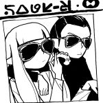  1boy 1girl arm_around_neck greyscale inkling long_hair monochrome negima_takeharu parody pointy_ears sonic_youth splatoon sunglasses tentacle_hair 