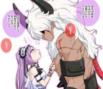  1boy 1girl asterios_(fate/grand_order) black_sclera blood bracelet cuffs cuts dress euryale fate/grand_order fate_(series) hairband headdress horns injury jewelry lolita_fashion lolita_hairband long_hair purple_hair red_eyes scar shackles size_difference tetsukuzu_tetsuko translated twintails white_hair 