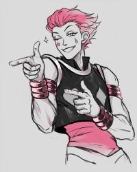  1boy armlet bracelet double_finger_gun facial_mark finger_gun grey_eyes hair_slicked_back hisoka_morow hunter_x_hunter jewelry limited_palette male_focus one_eye_closed pink_hair sleeveless smile solo sparkle star_(symbol) upper_body vasiliy-plumber widow&#039;s_peak 