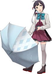  1girl aqua_bow aqua_bowtie asymmetrical_bangs black_boots black_hair boots bow bowtie breasts cut_bangs dress fujikawa fujinami_(kancolle) fujinami_kai_ni_(kancolle) full_body grey_thighhighs hair_ribbon holding kantai_collection long_sleeves looking_at_viewer medium_hair official_art ribbon school_uniform seamed_legwear shirt side-seamed_legwear side_ponytail small_breasts smile solo thigh-highs torpedo transparent_background umbrella white_ribbon white_shirt yellow_eyes 