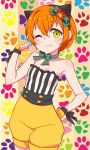  1girl ;3 animal_ears artist_name bare_shoulders bow cat_ears choker fake_animal_ears fingerless_gloves flower gloves green_eyes hair_flower hair_ornament hand_on_hip highres hoshizora_rin jewriel love_live!_school_idol_festival love_live!_school_idol_project orange_hair paw_print short_hair smile solo strapless vertical_stripes 