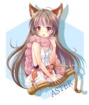  1girl :o animal_ears antenna_hair aster_(granblue_fantasy) bare_arms blush bow bow_(weapon) brown_eyes brown_hair character_name crossbow dog_ears dress erun_(granblue_fantasy) feather_boa flat_chest granblue_fantasy hexagon long_hair open_mouth piko_(mea) pink_scarf sash scarf simple_background sleeveless sleeveless_dress solo upper_body very_long_hair weapon white_background white_dress 