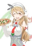  1girl ;d armpits b-man brown_eyes brown_hair food headgear kantai_collection littorio_(kantai_collection) long_hair looking_at_viewer one_eye_closed open_mouth pizza smile solo 