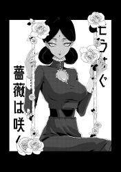  1girl bindi black_border border breasts clothing_cutout dark-skinned_female dark_skin double_bun dress flower greyscale gundam gundam_gquuuuuux hair_bun highres lalah_sune large_breasts looking_at_viewer monochrome nakumaru on_swing simple_background sitting solo swing translation_request white_background 