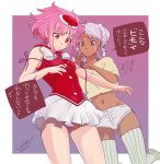  2girls bindi blue_eyes braid dark_skin facial_mark forehead_mark green_hair gundam gundam_g_no_reconguista hat highres looking_down midriff miniskirt multiple_girls noredo_nug pink_eyes pink_hair raraiya_monday rei_no_himo ribbed_legwear ribbon ryuji_umeno short_hair short_shorts shorts skirt speech_bubble sweatdrop thigh-highs translation_request twin_braids tying 