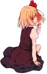  1girl ass blonde_hair blood blood_on_face bloody_hands eyebrows eyebrows_visible_through_hair full_body hair_ribbon kaiza_(rider000) long_sleeves looking_at_viewer looking_to_the_side red_eyes ribbon rumia short_hair simple_background sitting skirt skirt_set solo touhou vest white_background 