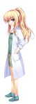  1girl absurdres blonde_hair blue_eyes full_body hair_ornament hand_in_pocket highres kurayashiki_kazuha labcoat long_hair looking_at_viewer open_mouth ponytail reminiscence reminiscence_re:collect shoes shorts simple_background smile sneakers solo tomose_shunsaku white_background 