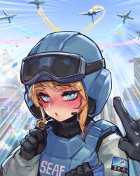  1girl aircraft black_gloves blonde_hair blue_eyes blue_sky blush combat_helmet commentary english_commentary gloves goggles goggles_on_headwear helldivers_(series) helmet highres holding long_hair microphone military open_mouth phantom_ix_row pov pov_hands seaf_soldier_(helldivers) sky sweatdrop twirling_hair upper_body 