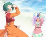  2girls :d ;d big_hair clenched_hand clouds creature_on_head dress farah_oersted green_hair looking_at_viewer meredy mochi_(pixiv53625) multiple_girls one_eye_closed open_mouth quickie short_hair sky smile tales_of_(series) tales_of_eternia turtleneck twintails 