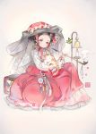  1girl brown_eyes brown_hair butterfly candle cat chin_strap dress hanbok hat holding_pipe korean_clothes original pipe sitting solo veil youm 