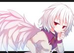  1girl beni_shake brooch collared_shirt feathers hand_on_own_cheek jewelry jitome kishin_sagume looking_at_viewer red_eyes shirt short_hair silver_hair single_wing solo touhou vest white_hair wings 
