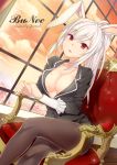  1girl animal_ears arm_support blazer breasts chair cleavage crossed_legs dusk dutch_angle jewriel large_breasts looking_at_viewer no_bra open_mouth original pantyhose pencil_skirt ponytail rabbit_ears red_eyes sitting skirt solo white_hair window 