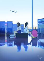  2girls airplane airport back-to-back bangs black_hair blue_sky bracelet commentary_request from_side high_heels holding jewelry long_hair looking_up loundraw multiple_girls original outdoors print_shirt reflection shirt shoes short_sleeves shorts signature sitting skirt sky sleeveless sneakers striped suitcase t-shirt 