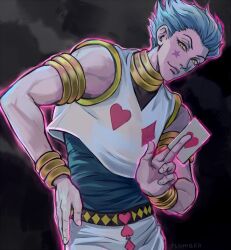  1boy armlet blue_hair bracelet card commentary facial_mark hair_slicked_back hand_on_own_hip hashtag-only_commentary hisoka_morow holding holding_card hunter_x_hunter jewelry male_focus neck_ring smile solo spade_(shape) star_(symbol) upper_body vasiliy-plumber yellow_eyes 