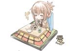  1girl =_= blush_stickers brown_hair character_name closed_eyes commentary_request cookie cup eating folded_ponytail food food_in_mouth fujishima_shinnosuke inazuma_(kantai_collection) kantai_collection kotatsu long_hair long_sleeves ponytail sitting solo table tatami teapot under_kotatsu under_table yunomi 