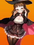  1girl bangs black_legwear blunt_bangs blush breasts brown_eyes brown_hair capelet cleavage corset dress glasses hat highres kantai_collection moemoe3345 open_mouth pantyhose pince-nez roma_(kantai_collection) short_hair skirt solo wavy_hair witch_hat 