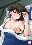  1girl breasts brown_eyes brown_hair commentary_request futon highres japanese_clothes jewelry kaga_(kantai_collection) kantai_collection lying ring short_hair side_ponytail solo tatami text translation_request wedding_band yano_toshinori 