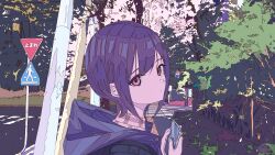 1girl absurdres cellphone closed_mouth crosswalk earphones earphones expressionless highres holding holding_phone hood hood_down ligne_claire looking_at_viewer ninuru original outdoors phone pink_eyes purple_hair road road_sign short_hair sign smartphone solo stop_sign street tree upper_body utility_pole 
